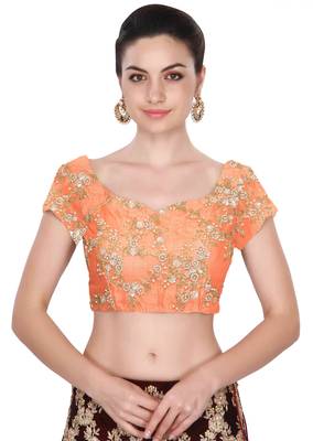 Fabron Short sleeves peach embroidered unstitched blouse for women 1