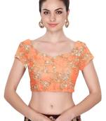 Fabron Short sleeves peach embroidered unstitched blouse for women