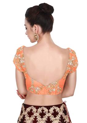Fabron Short sleeves peach embroidered unstitched blouse for women 2