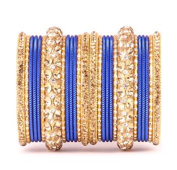 Traditional Shining Bangle Set For Women With Lac And Golden Stone Blue 1