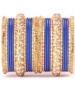Traditional Shining Bangle Set For Women With Lac And Golden Stone Blue