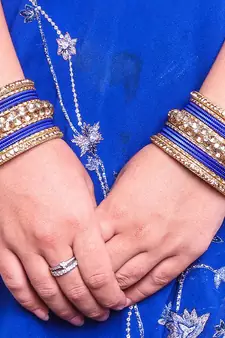 Traditional Shining Bangle Set For Women With Lac And Golden Stone Blue