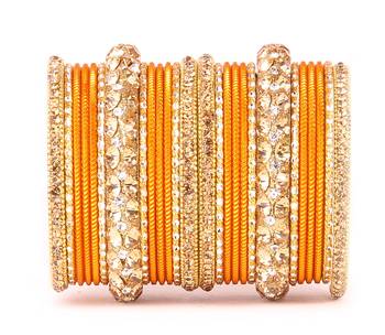 Traditional Shining Bangle Set For Women With Lac And Golden Stone Orange 1