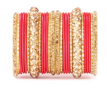 Traditional Shining Bangle Set For Women With Lac And Golden Stone Red 1