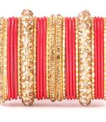 Traditional Shining Bangle Set For Women With Lac And Golden Stone Red
