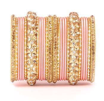 Traditional Shining Bangle Set For Women With Lac And Golden Stone Peach 1