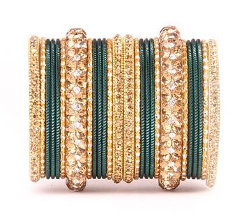 Traditional Shining Bangle Set For Women With Lac And Golden Stone Green 1