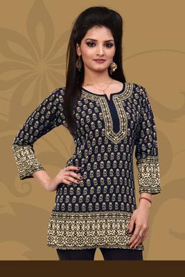 Dark Blue printed crepe stitched short-kurtis 1