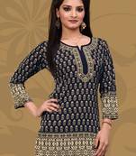 Dark Blue printed crepe stitched short-kurtis