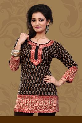 Dark black printed crepe stitched short-kurtis 1