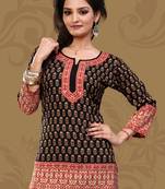 Dark black printed crepe stitched short-kurtis