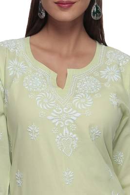 Green Embroidered Stitched Cotton Kurti  4