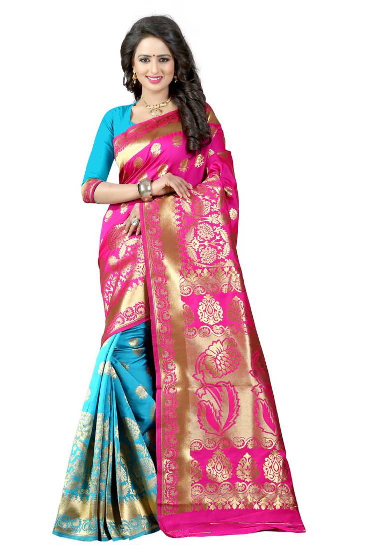 Pink woven poly cotton saree with blouse