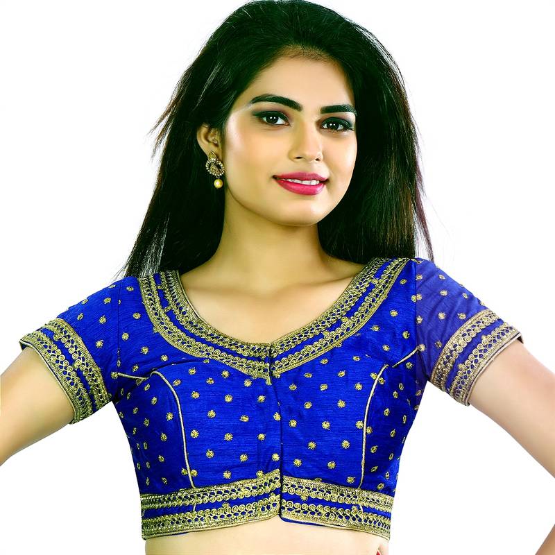 Royal Blue Raw Silk Butti Work U Shape Blouse