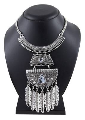 Leaf Oxidised German Silver Blue Crystal Statement Necklace For Women 3