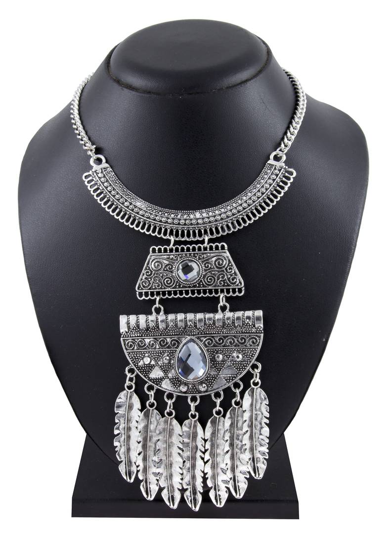 Leaf Oxidised German Silver Blue Crystal Statement Necklace For Women