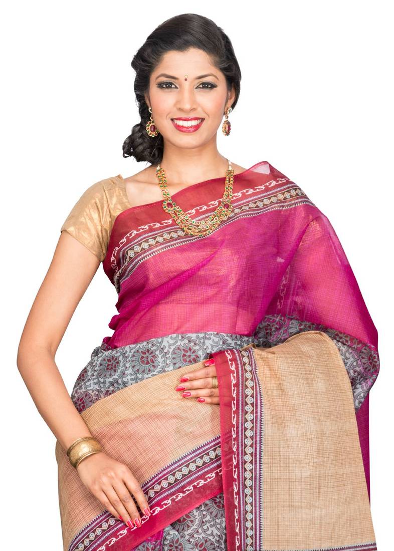 Pink printed polycotton saree with blouse