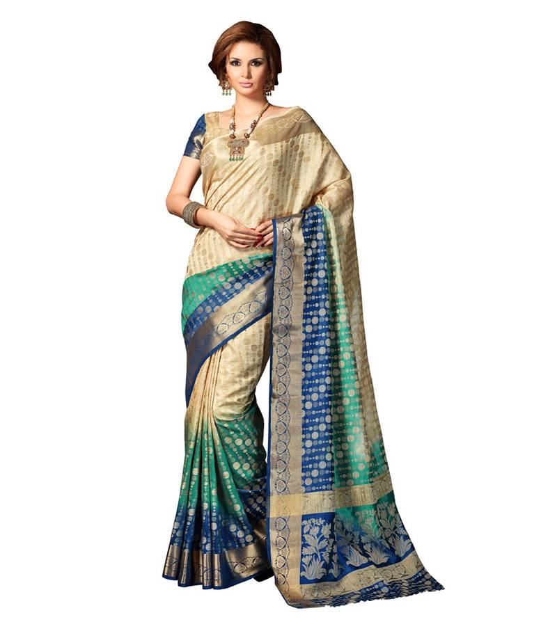 Cream printed dupion silk saree with blouse
