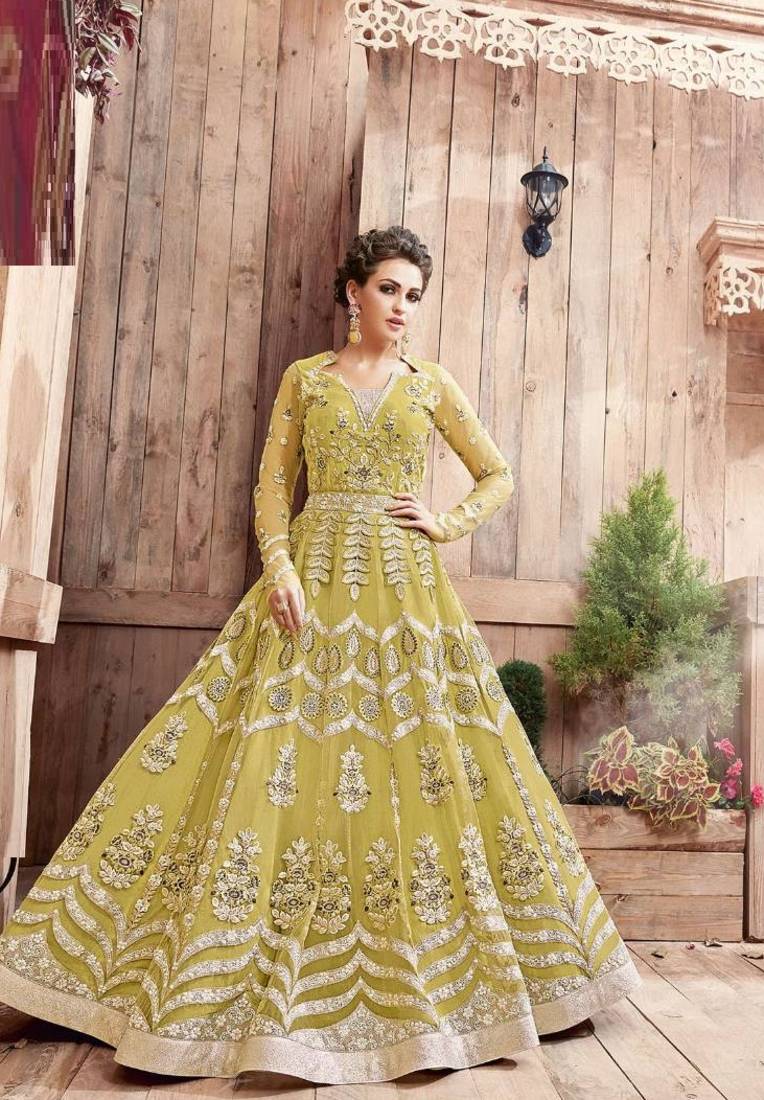 Yellow resham embroidery faux super net salwar with dupatta