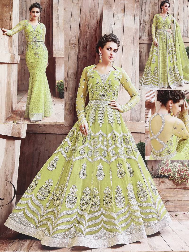 Light parrot green multi resham work faux woolen blends salwar with dupatta