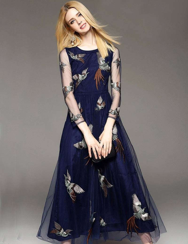 Blue embroidered net stitched party-wear-kurtis