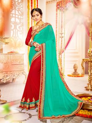 green and red Patch and  bandhani border and  stone georgette saree with blouse 1