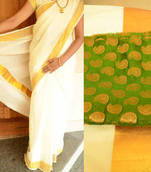 Off-white kerala kasavu saree with green brocade blouse piece