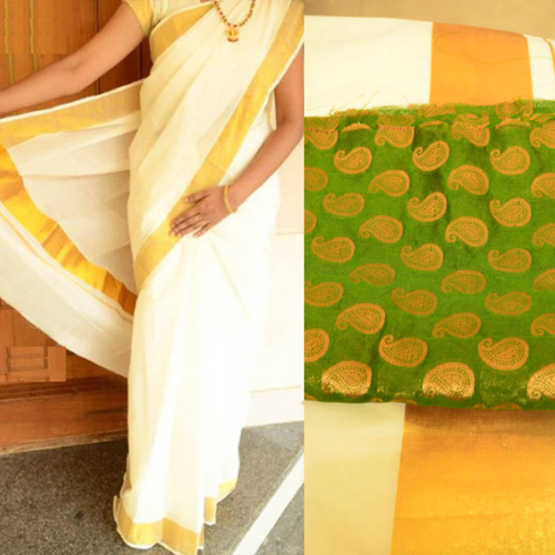Off-white kerala kasavu saree with green brocade blouse piece