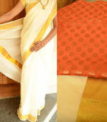 Off-white kerala kasavu saree with orange brocade blouse piece