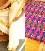 Off-white kerala kasavu saree with multicolour check brocade blouse piece