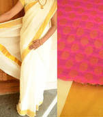 Off-white kerala kasavu saree with pink brocade blouse piece
