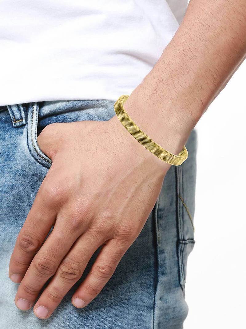Slim mesh 18k gold plated 316l surgical stainless steel free size cuff kada bangle bracelet for men