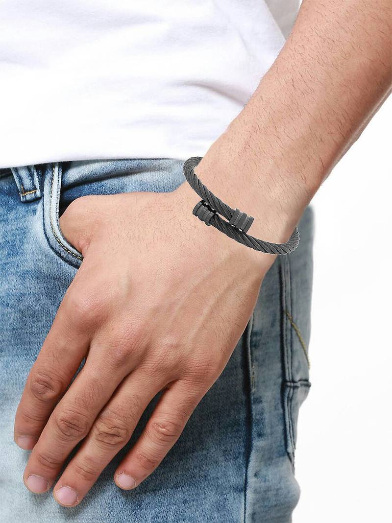 Rope mesh macho black 316l surgical stainless steel free size cuff kada bangle bracelet for men