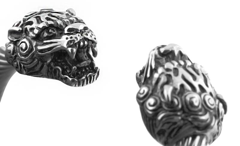 Punk lion dragon oxidized silver plated 316l surgical stainless steel cuff kada bangle bracelet men