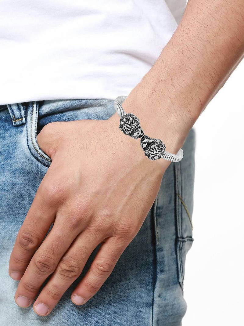 Punk lion dragon oxidized silver plated 316l surgical stainless steel cuff kada bangle bracelet men