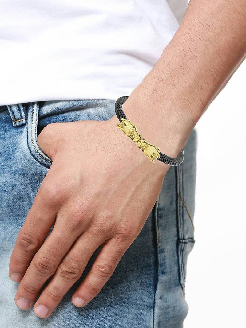 Punk lion dragon black 18k gold plated 316l surgical stainless steel cuff kada bangle bracelet men