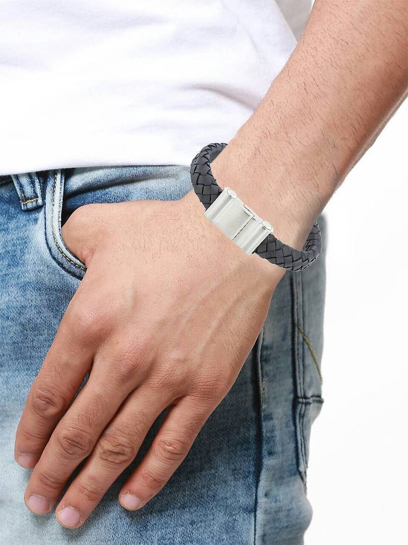 Braided punk 100% genuine handmade soft durable leather black stainless steel wrist band bracelet men