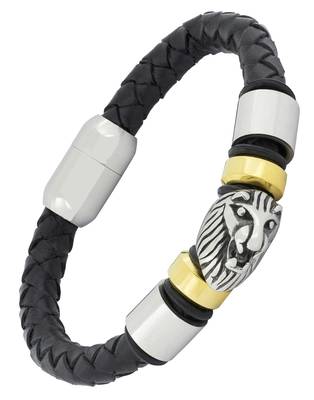 Lion punk 100% genuine handmade soft durable black leather stainless steel wrist band bracelet men 1