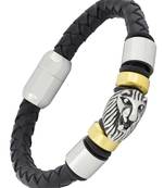 Lion punk 100% genuine handmade soft durable black leather stainless steel wrist band bracelet men