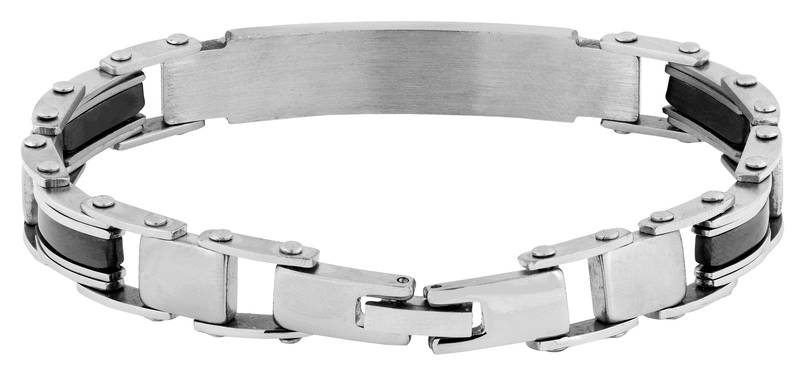 Biker id solid black accents silver plated 316l surgical stainless steel chain bracelet for men