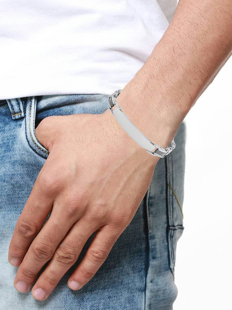 Biker id solid black accents silver plated 316l surgical stainless steel chain bracelet for men