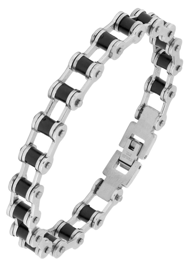 Bike motor cycle chain black accents silver plated 316l surgical stainless steel bracelet for men