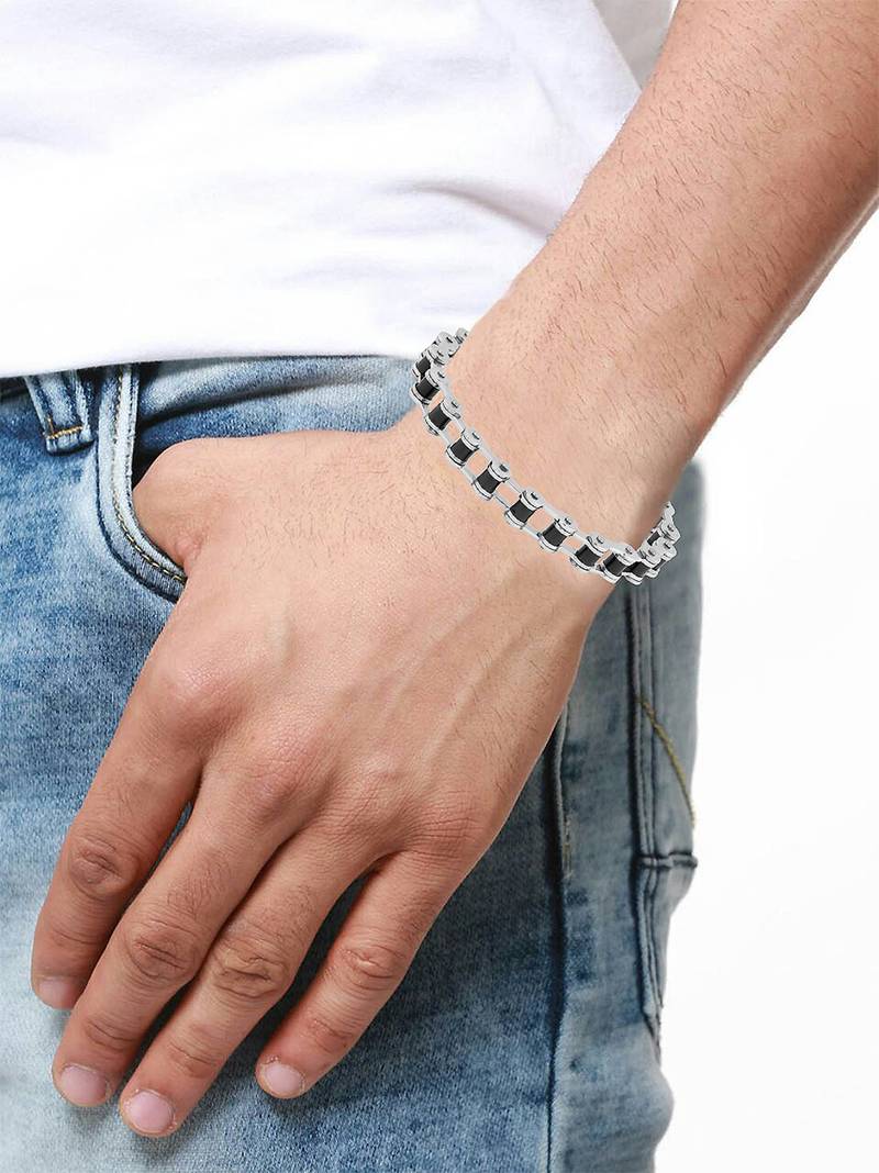 Bike motor cycle chain black accents silver plated 316l surgical stainless steel bracelet for men