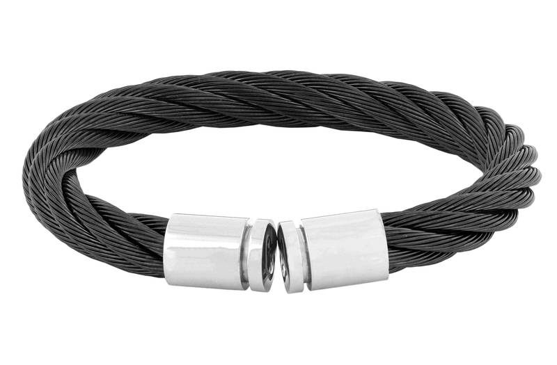 Braided rope black silver 316l surgical stainless steel cuff kada bangle bracelet for men