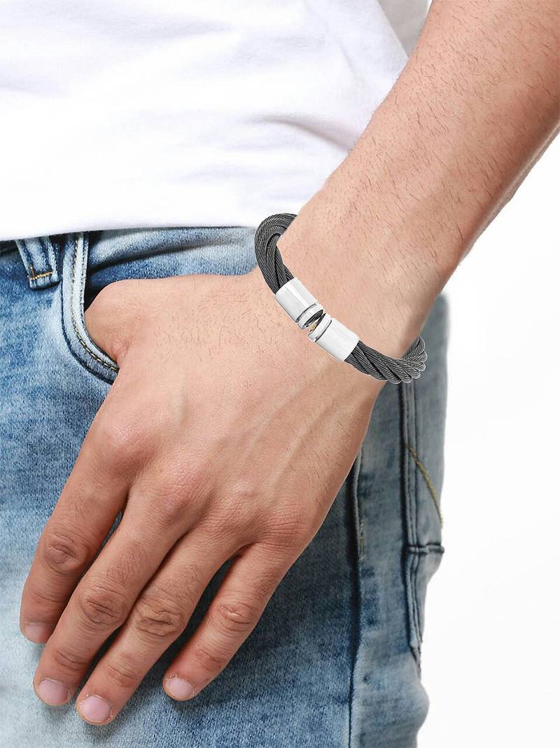 Braided rope black silver 316l surgical stainless steel cuff kada bangle bracelet for men