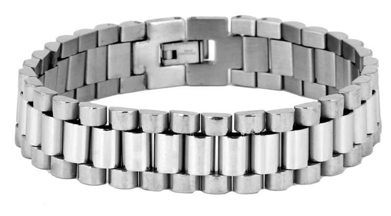 Watch style glossy silver plated 316l surgical stainless steel bracelet for boys men
