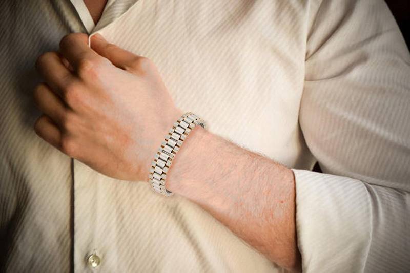 Watch style glossy silver plated 316l surgical stainless steel bracelet for boys men