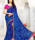 Blue printed faux georgette saree with blouse