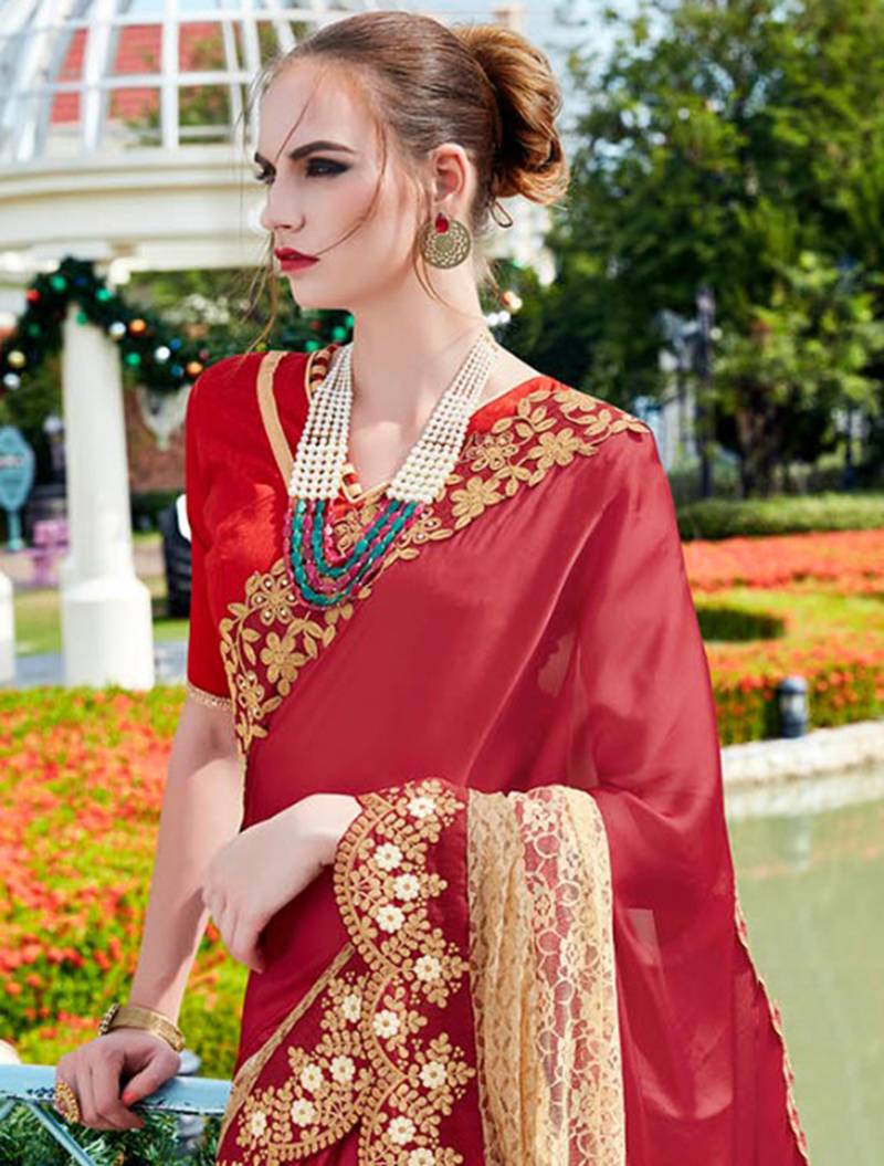 Maroon Embroidered Georgette Saree With Unstitched Blouse Piece