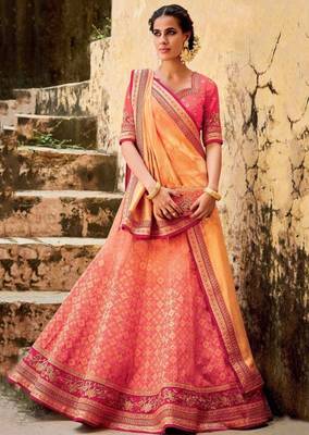 Salmon embroidered jacquard unstitched lehenga with dupatta 1
